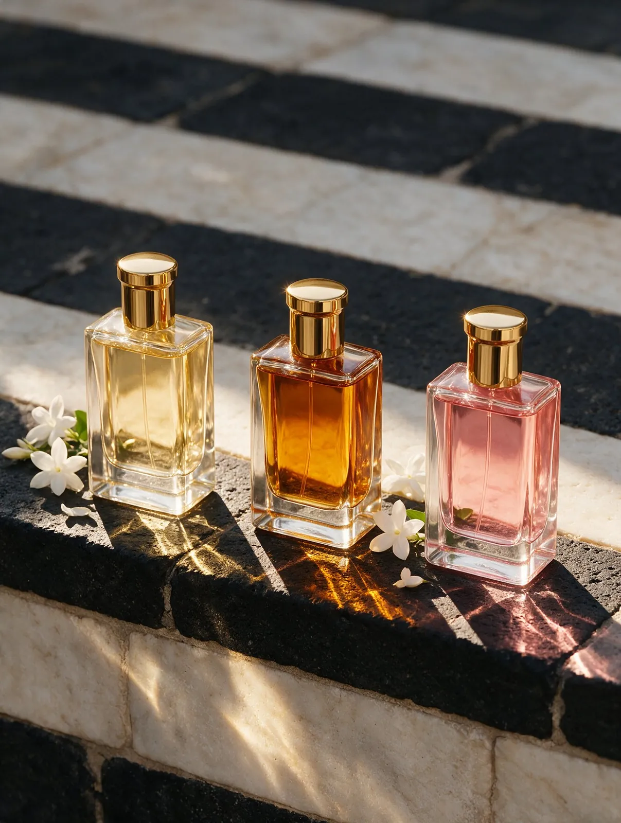 ثلاث زجاجات عطر بأغطية ذهبية